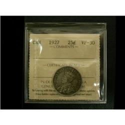 1927 25¢ ICCS VF30, solid key date issue
