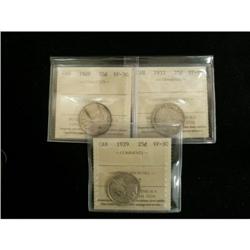 Lot of 3 ICCS graded 25¢; 1929 VF-30 (2), 193