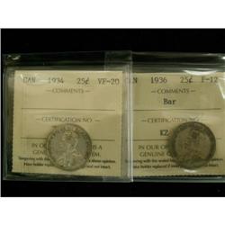 Lot of 2 ICCS graded 25¢ , 1934 VF-20, 1936 B