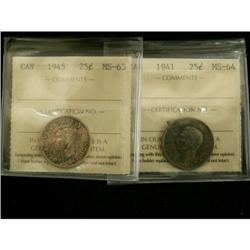 Lot of 2 ICCS graded 25¢; 1941 MS-64, 1945 MS