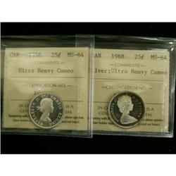 Lot of 2 ICCS graded coins 1958 25¢ MS-64 ult