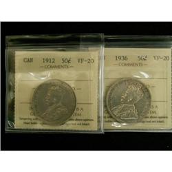 Lot of 2 ICCS graded 50¢ 1912 VF-20, 1936 VF-