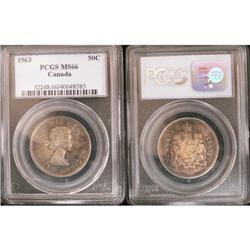 1963 50¢ PCGS MS66, nicely toned. Flashy!