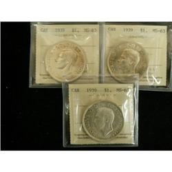 Lot of 3 ICCS graded $1 1939 MS-63 (3),