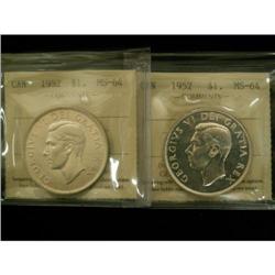 Lot of 2 ICCS graded $1 1952 WL MS-64,