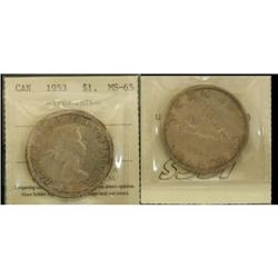 1953 $1 SF ICCS MS65, lightly toned coin . Ve