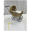 Image 1 : 1930s Wicker Doll Buggy Metal Frame and Wheels Bedding is New but Made of Antique Linens Very Good C