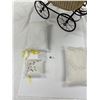 Image 3 : 1930s Wicker Doll Buggy Metal Frame and Wheels Bedding is New but Made of Antique Linens Very Good C