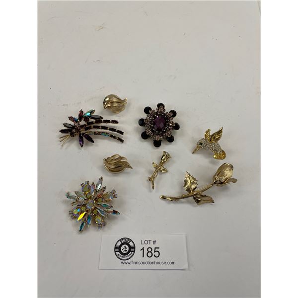 Vintage Brooch Lot Signed Coro, Beau Geste and Aldo Hummingbird and Rhinestone Trifari Clip on Earri