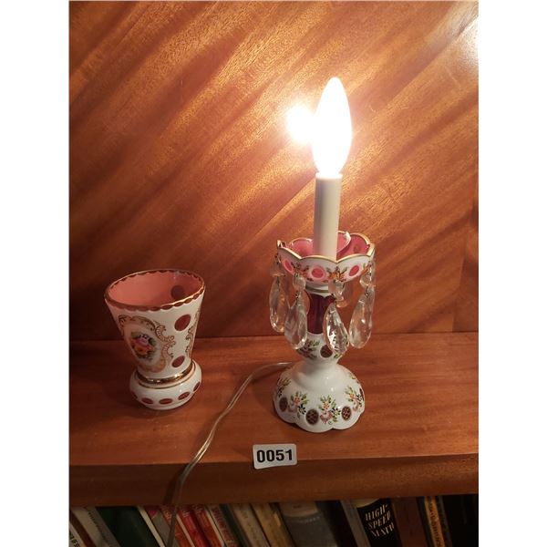 Pink Bohemian Small Crystal Lamp 13"H & Vase