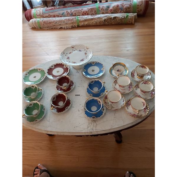 Assorted Plates, Cups, Saucers, & Cake Stand