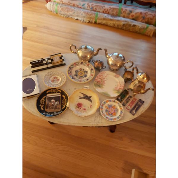 Desk Set - 6 Decorative Plates, Plated Tea/Coffee Set, Collectors Spoons, Photo Frame