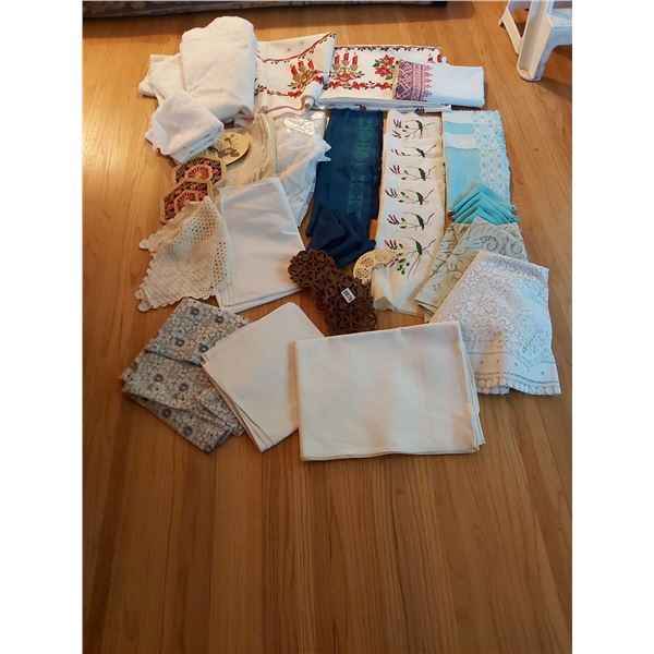 Assorted Table Linens, Trivets, Napkin Holder