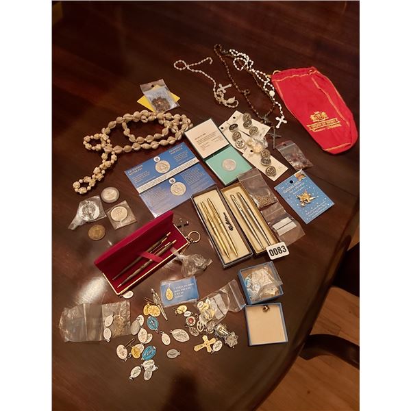 3 Pen & Pencil Sets - Assorted Religious Charms - Assorted Coins - Tokens - Shell Necklace - Buttons