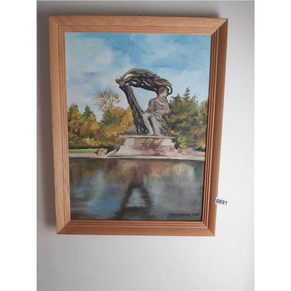 Man on a Bench by a Lake Painting Artist J. Kluszynska 21"W x 27"H