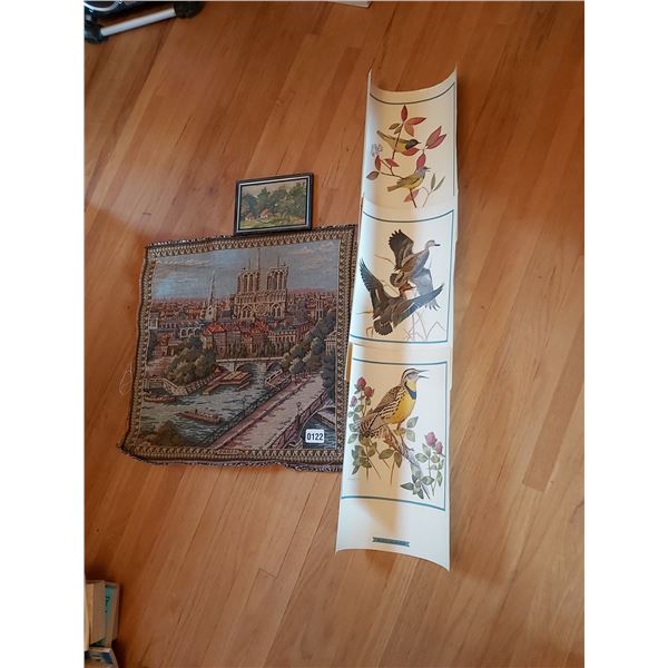 Unframed Tapestry 20"W x 19"H - 3 Unframed Bird Pictures by F. Lansdowne 11"W x 14"h - Farmhouse 7"W
