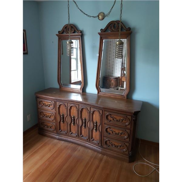 Chest Of Drawers (Golden Pecan) & 2 Mirrors 74"W x 20"D x 80"H with Mirrors