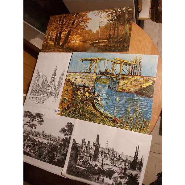 2 Paintings and 3 Sketches Various Sizes Artists Unknown