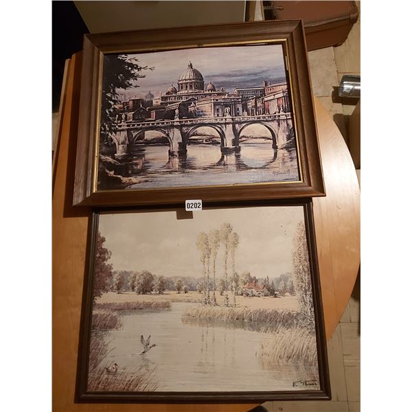 Cathedral by Bridge Artist - P. Harnett 23"W x 19"H & Ducks on Pond Artist - E. Thomas 21"W x 17"H