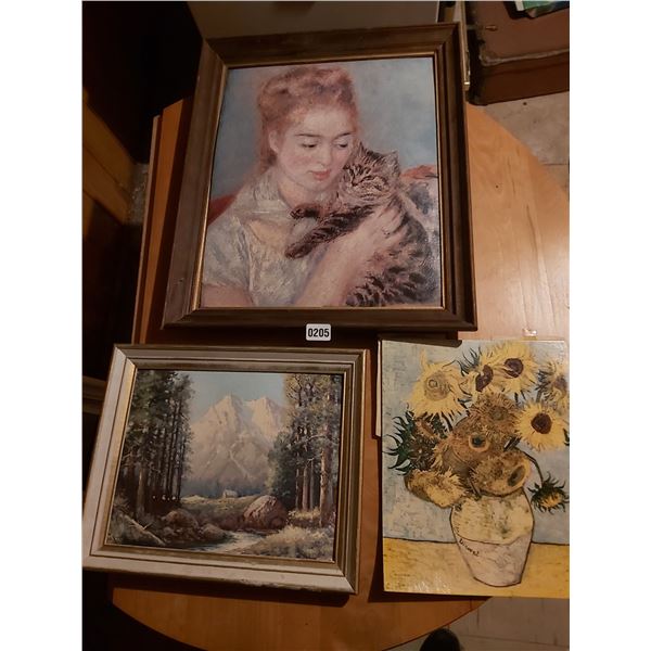Woman and Cat Picture Artist Unknown 19.5"W x 23"H - Mountain 16"W x 13"H - Sunflower Van Gogh 11"W 