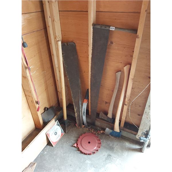 Assorted Tools - Tamper - Saws - Blades - Axes