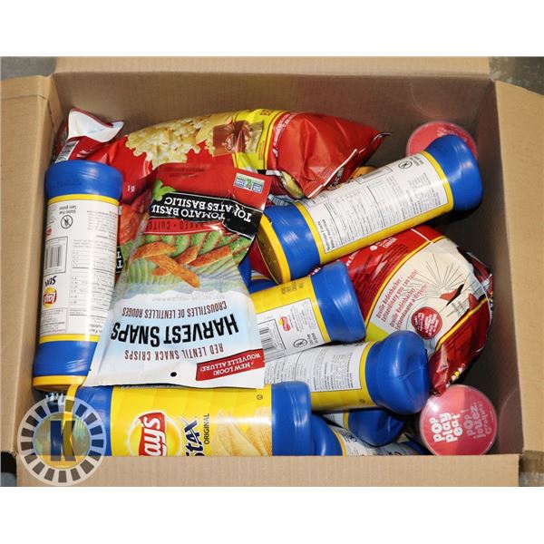 BOX OF ASSORTED CHIPS AND JUNK FOOD