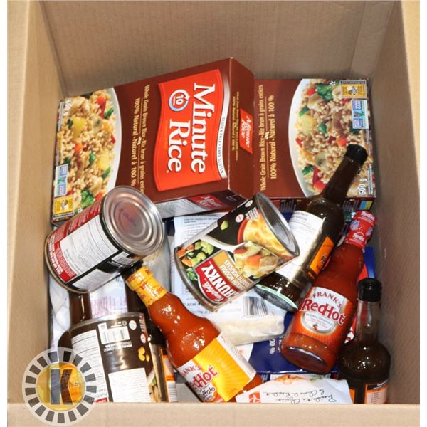 BOX OF RICE, FRANKS RED HOT, AND MORE