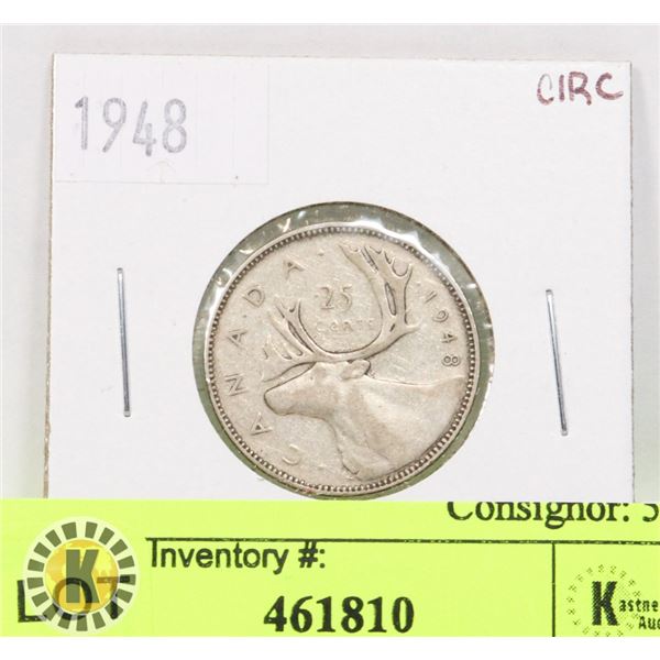 1948 CANADIAN SILVER TWENTY-FIVE CENT COIN