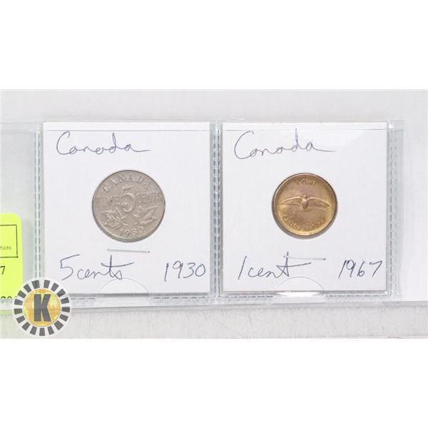 2 COINS CANADA 1930 NICKEL 1967 PENNY