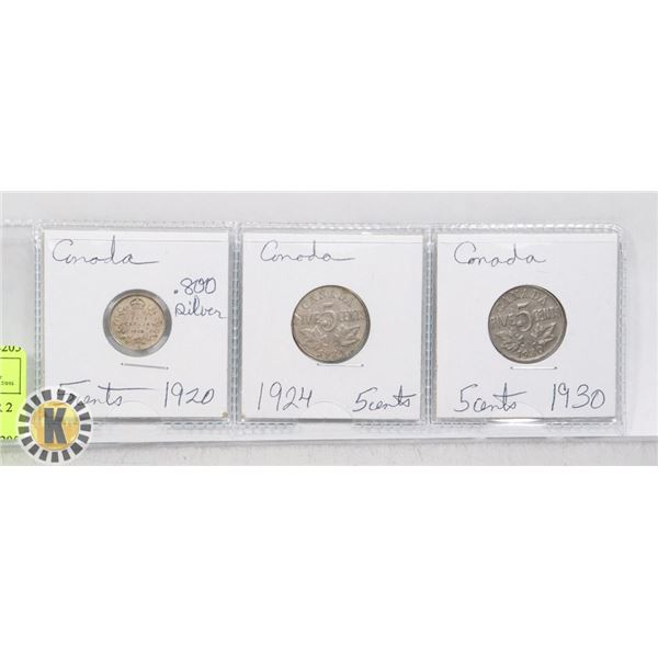 3 CANADA 5 CENT COINS 1 SILVER 2 NICKEL 1920 .800