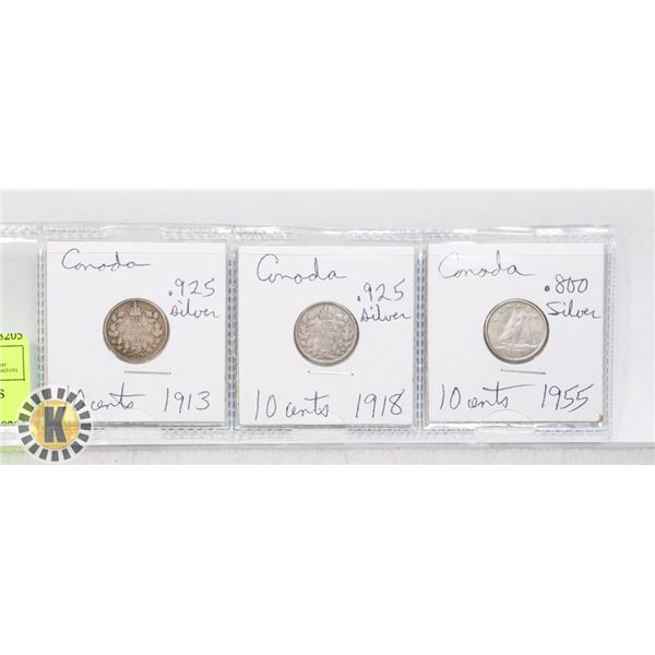 3 CANADA SILVER 10 CENT COINS 1913 .925 SILVER 191