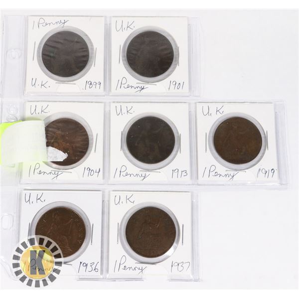 7 LARGE UK PENNIES DATED 1899 TO 1937