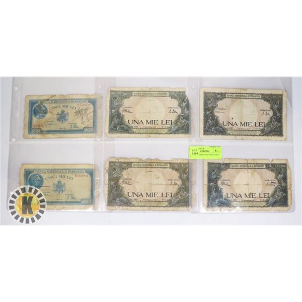 6 LARGE BANKNOTES WORN 1940'S ROMANIA
