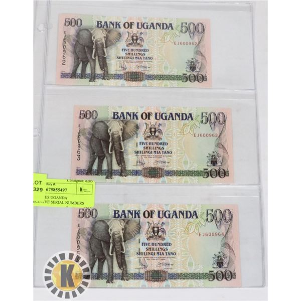 3 BANKNOTES UGANDA CONSECUTIVE SERIAL NUMBERS