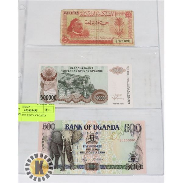 3 BANKNOTES LIBYA CROATIA UGANDA