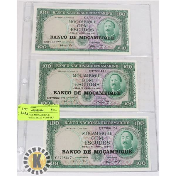 3 BANKNOTES MOZAMBIQUE CONSECUTIVE SERIAL NUMBERS