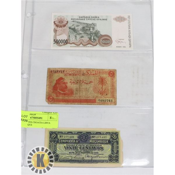 3 BANKNOTES CROATIA LIBYA MOZAMBIQUE
