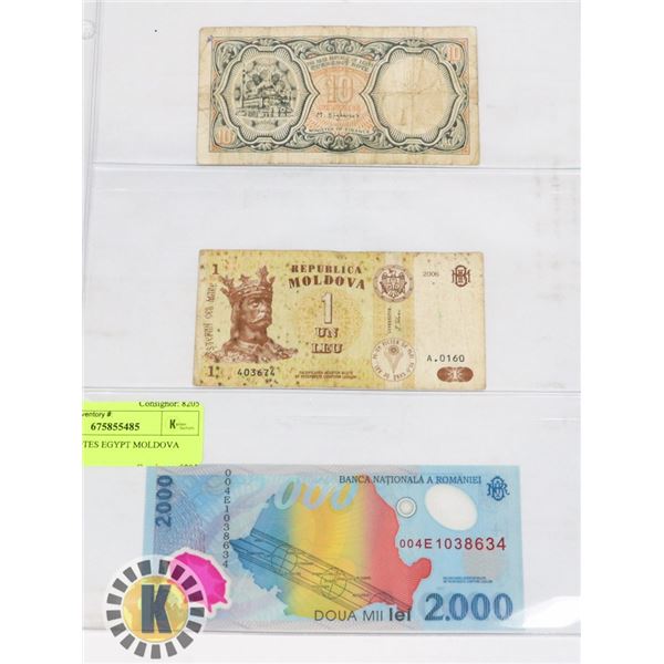 3 BANKNOTES EGYPT MOLDOVA ROMANIA
