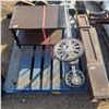 Image 1 : metal cage roller cart, older TV stand on wheels and post wooden