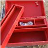 Image 8 : large red wood tool box with built in shelves and lock