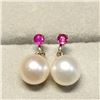 Image 1 : 10K Yellow Gold Rubies(0.07ct) Fresh Water Pearl Earrings (~weight 1.39g), Suggested Retail Value $2