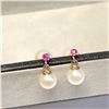 Image 2 : 10K Yellow Gold Rubies(0.07ct) Fresh Water Pearl Earrings (~weight 1.39g), Suggested Retail Value $2