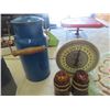 Image 2 : Vintage Scale , Enamel Pot, Rug, Metal Box, Wooden Organizer, Insulators & More