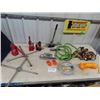 Image 1 : (MN) 3 Hyd Bottle Jacks, Tire Irons, Come A Long, 50 ' New 3/16 Winch Cable, Trailer Wiring Plus Mor