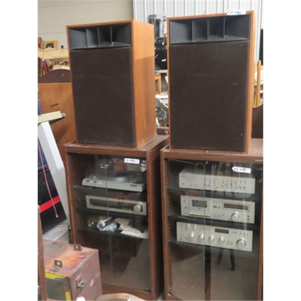 (CV) 2 Stereo Cabinets w Equipment Technics Stereo Amp SU 8088, TEchnics MIL Stereo Cassett Technics