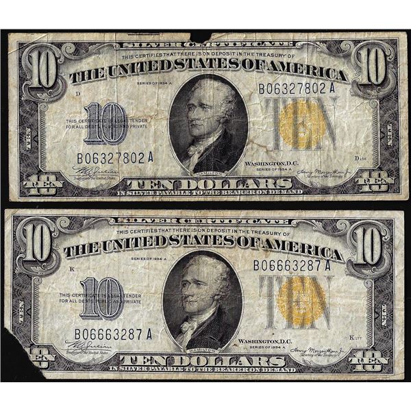 Lot of (2) 1934A $10 North Africa WWII Emergency Issue Silver Certificate Notes