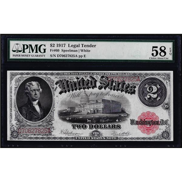 1917 $2 Legal Tender Note Fr.60 PMG Choice About Uncirculated 58EPQ