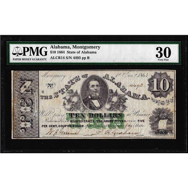 1864 $10 State of Alabama Montgomery Obsolete Note PMG Very Fine 30