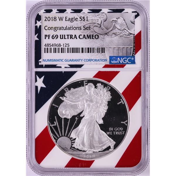2018-W $1 Proof American Silver Eagle Coin NGC PF69 Ultra Cameo Congratulations Flag
