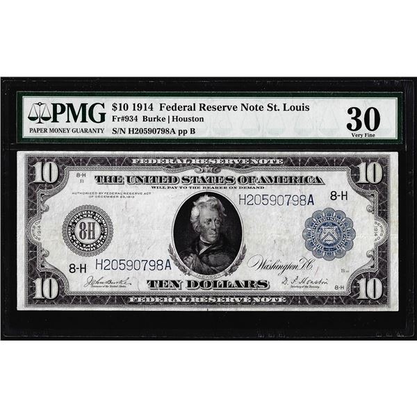 1914 $10 Federal Reserve Note St. Louis Fr.934 PMG Very Fine 30